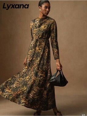 SHEIN Brown & Black Animal Print Long Sleeve Maxi Dress